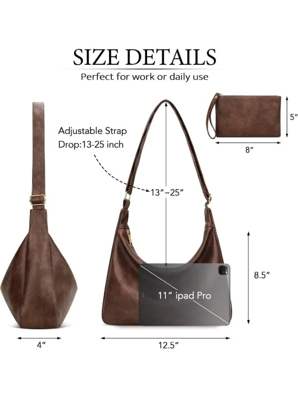 Soft Vegan Leather Slouchy Hobo Bag - Foldable Shoulder Tote Purse with Zipper